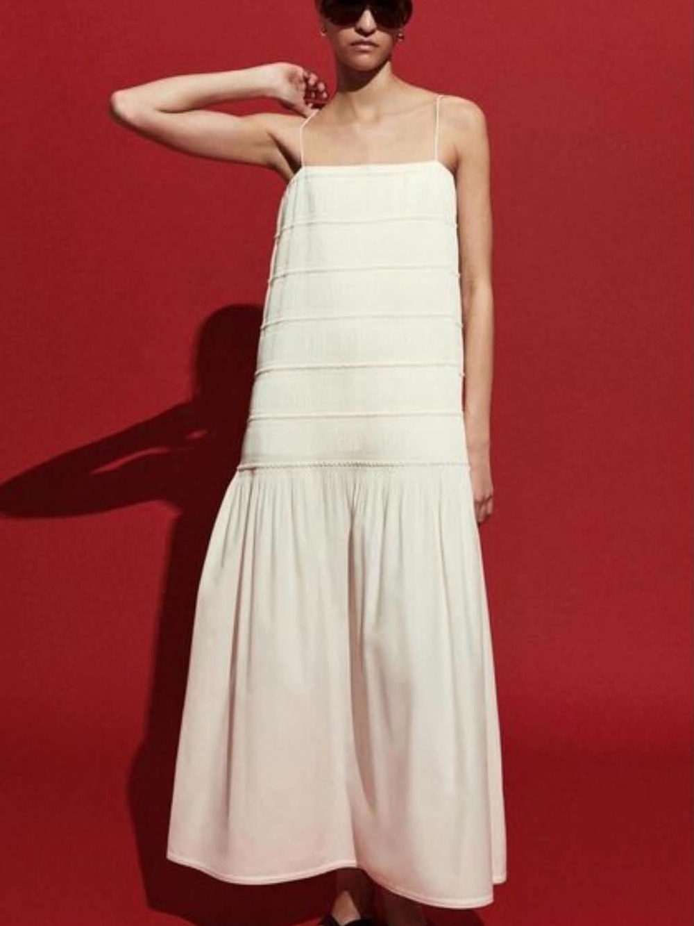 COS Strapless Cream Midi Dress with Smocked Bodice and Thin Straps#22
